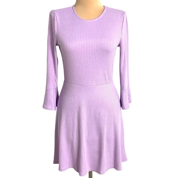 Urban Outfitters Lilac Ribbed  Skater Dress Fluted Bell 3/4 Sleeve Fit & Flare - Picture 2 of 11